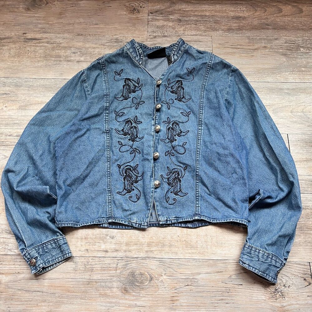 Custom Western Denim Jacket Medium Embroidered Vintage Statement Harley Davidson